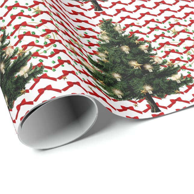 Weihnachtsbaum und Rote Bogen Wrapping Paper Geschenkpapier (Rolleneckpunkt)