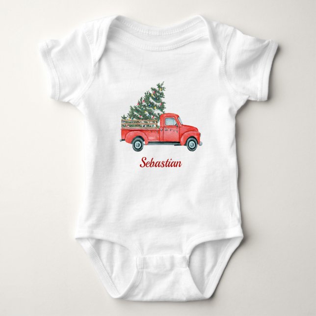 Weihnachtsbaum und Roter LKW X'mas Name Baby Strampler (Vorderseite)