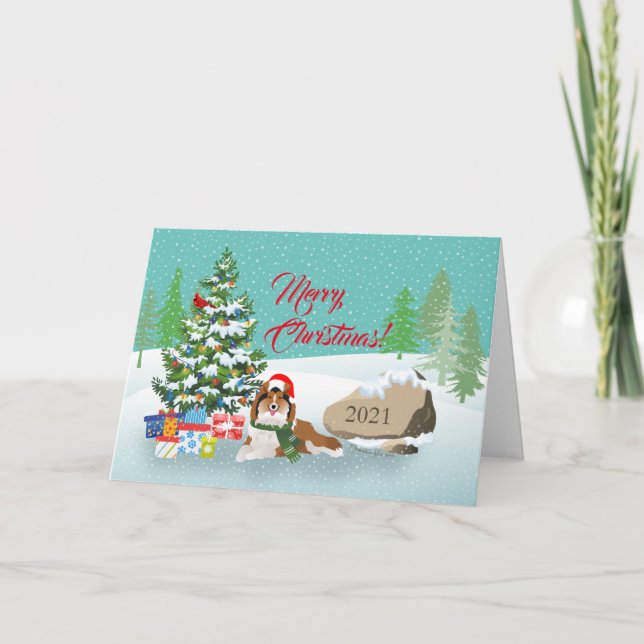 Weihnachtsbaum und Sable Sheltie Weihnachtskarte Feiertagskarte (Vorderseite)