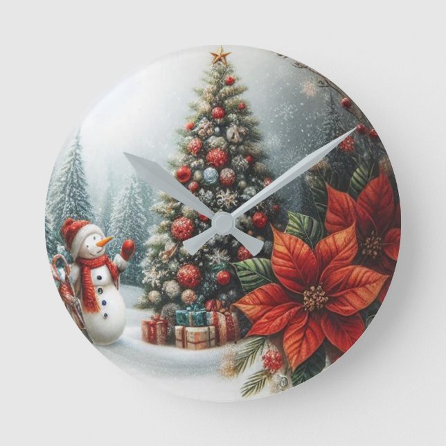 Weihnachtsbaum und Schneemann Runde Wanduhr (Vorderseite)