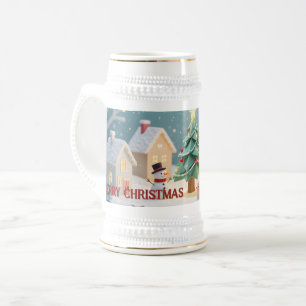 Weihnachtsbaum und Schneemannszene Bierglas