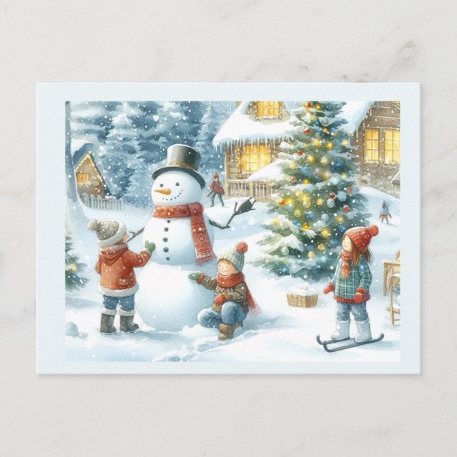 Weihnachtsbaum und Snowman Holiday Postkarte (Vorderseite)