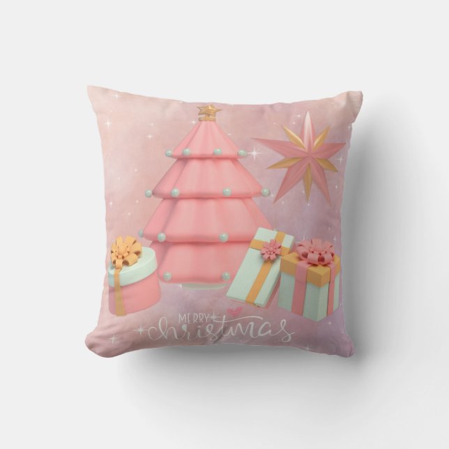 Weihnachtsbaum und Sterne in Rosa und Gold Kissen (Vorderseite)