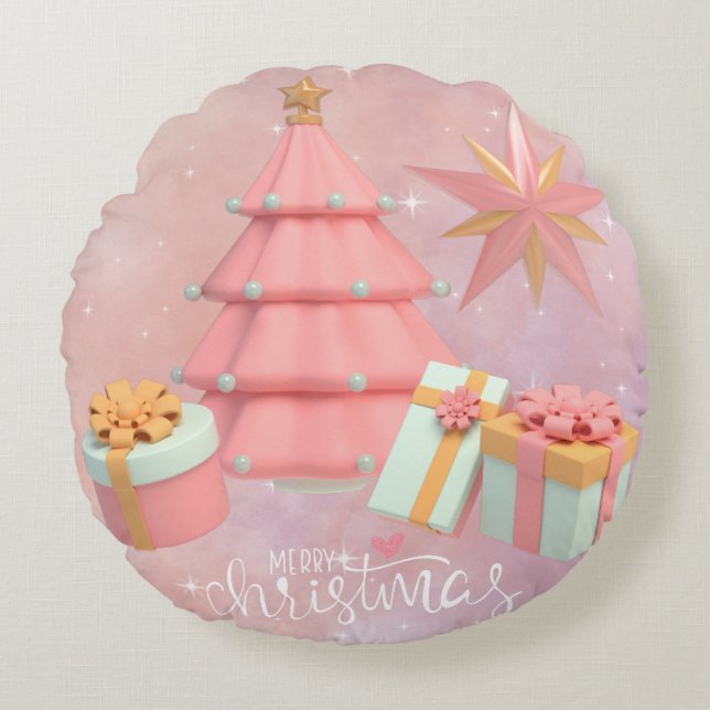 Weihnachtsbaum und Sterne in Rosa und Gold Rundes Kissen (Vorderseite)