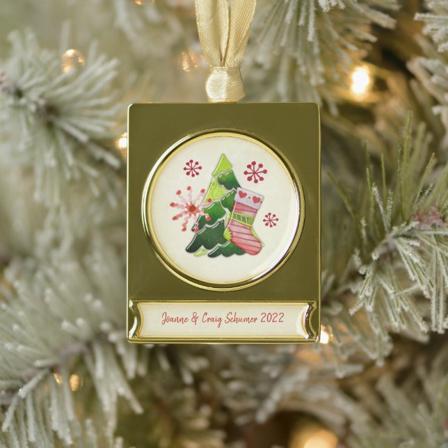 Weihnachtsbaum und Strumpf Whimsey Banner-Ornament Gold (Baum)