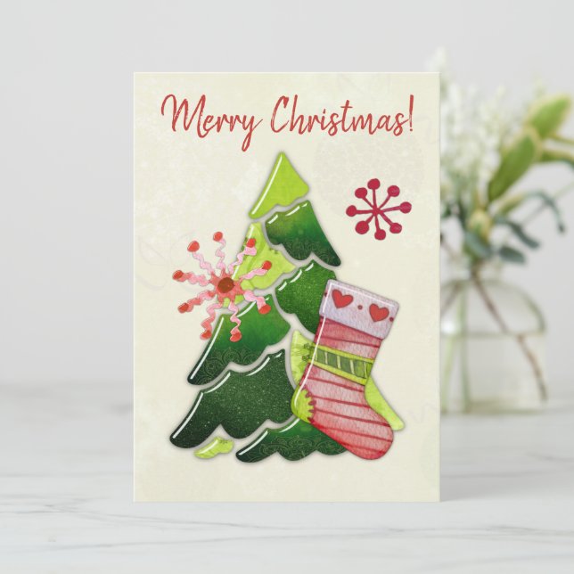 Weihnachtsbaum und Strumpf Whimsey Karte (Stehend Vorderseite)