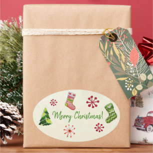 Weihnachtsbaum und Strumpf Whimsey Ovaler Aufkleber