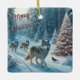 Weihnachtsbaum und Wölfe im Schnee-Ornament Keramikornament