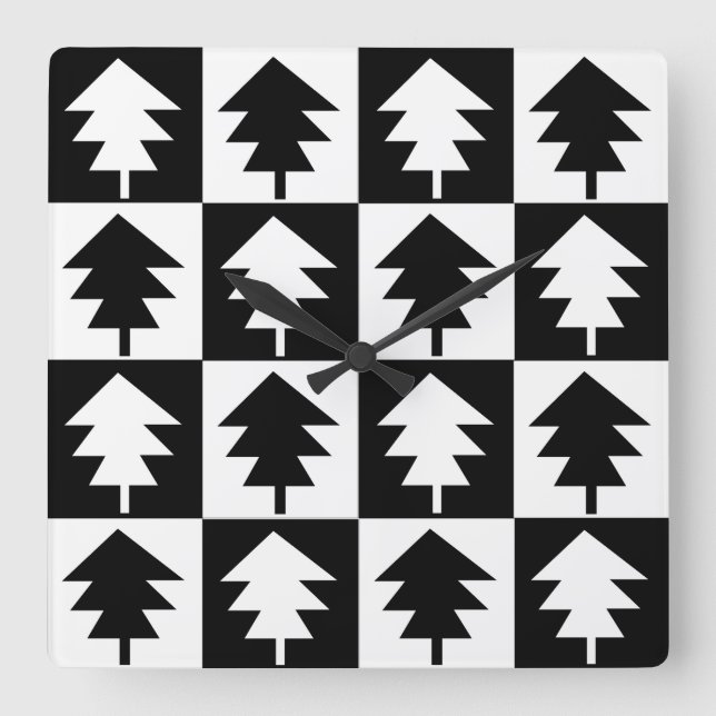 Weihnachtsbaum Vintag Trendy Black and White Quadratische Wanduhr (Vorderseite)