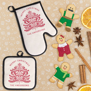 Weihnachtsbaum vom Roten Skandinavien Ofenhandschuh & Topflappen-Set