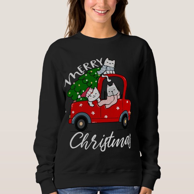 Weihnachtsbaum von Cats auf Red Truck Cat Weihnach Sweatshirt (Vorderseite)