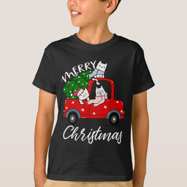 Weihnachtsbaum von Cats auf Red Truck Cat Weihnach T-Shirt (Vorderseite)