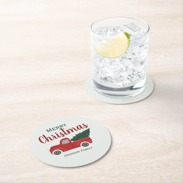 Weihnachtsbaum von Red LKW personalisiert Paper Un Runder Pappuntersetzer (Vor Ort)