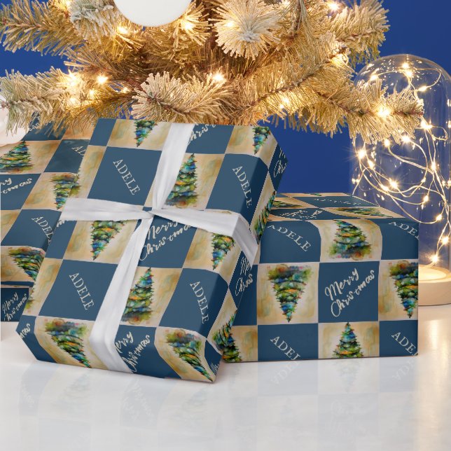 Weihnachtsbaum Wasserfarbe Blauer Feiertag Geschenkpapier (Feiertage)