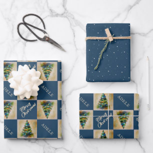 Weihnachtsbaum Wasserfarbe Blauer Feiertag Geschenkpapier Set
