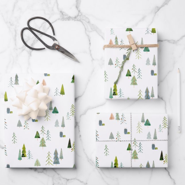 Weihnachtsbaum Wasserfarbe Geschenkpapier Set (Vorderseite)