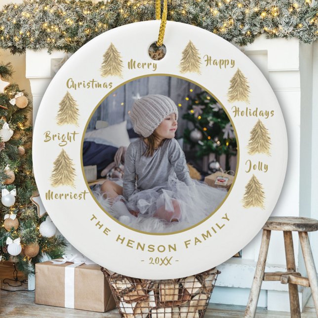 Weihnachtsbaum Wasserfarbe Golden Family Foto Keramik Ornament (Von Creator hochgeladen)
