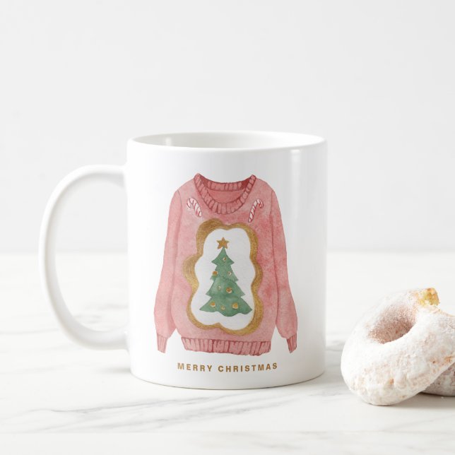 Weihnachtsbaum Wasserfarben Ugly Sweater Holiday Kaffeetasse (Mit Donut)