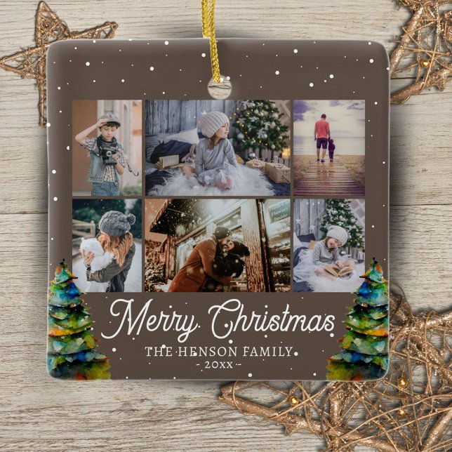 Weihnachtsbaum Wasserfarbenfamilie 6 FotoCollage Keramikornament (Von Creator hochgeladen)