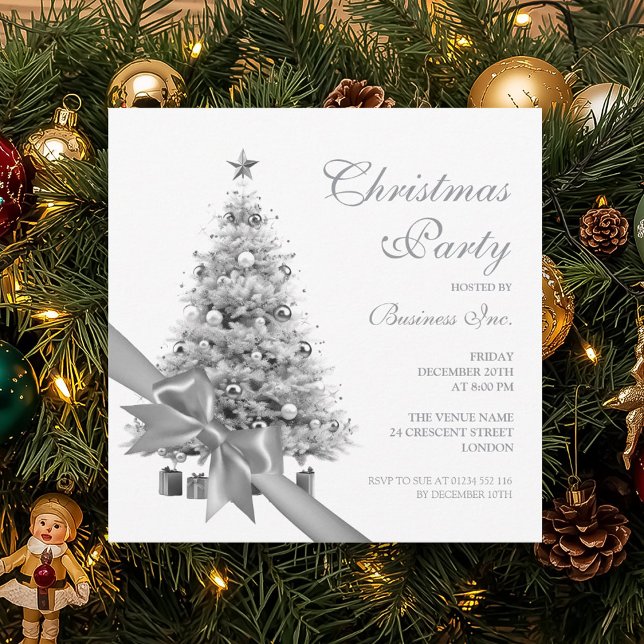 Weihnachtsbaum-Weihnachtsfeier Einladung (Corporate Silver Christmas Tree Bow Holiday Party Invitation)