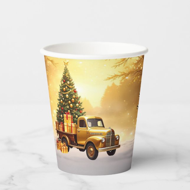 Weihnachtsbaum Weihnachtspapier Trucks Pappbecher (Vorderseite)