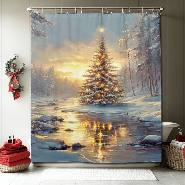 Weihnachtsbaum Winterwald Fluss Duschvorhang (Von Creator hochgeladen)