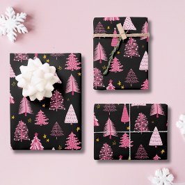 Weihnachtsbaum Woodland Pink Black Geschenkpapier Set
