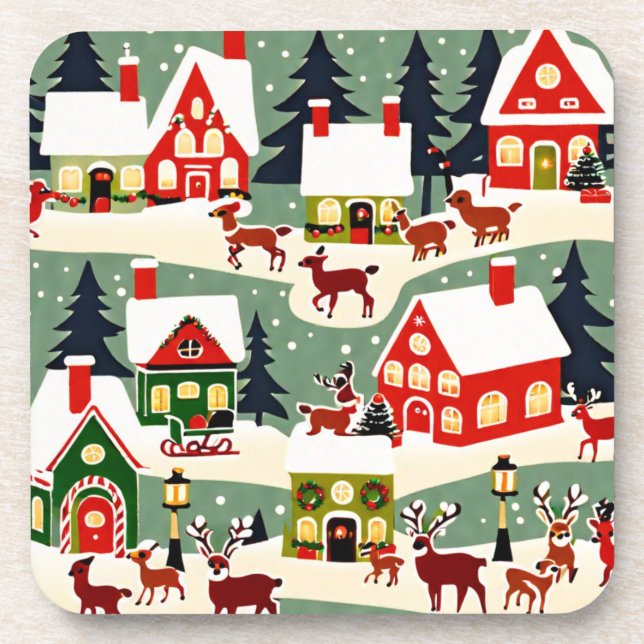 Weihnachtsbaum Xmas Dorf Schnee Pic Getränkeuntersetzer (Vorderseite)