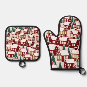 Weihnachtsbaum Xmas Dorf Schnee Pic Ofenhandschuh & Topflappen-Set