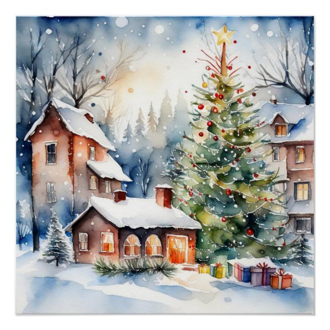 Weihnachtsbaum Xmas Dorf Schnee Pic Poster (Vorderseite)