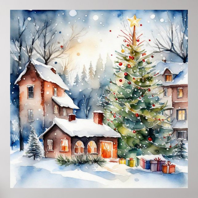 Weihnachtsbaum Xmas Dorf Schnee Pic Poster (Vorne)