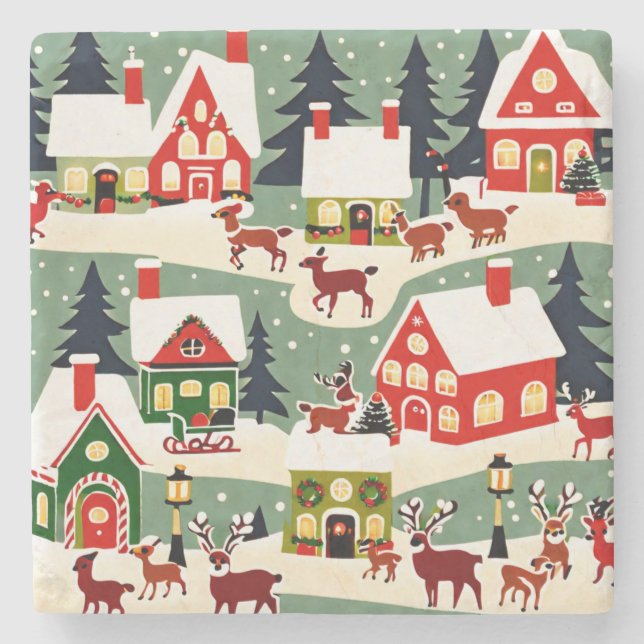 Weihnachtsbaum Xmas Dorf Schnee Pic Steinuntersetzer (Vorderseite)