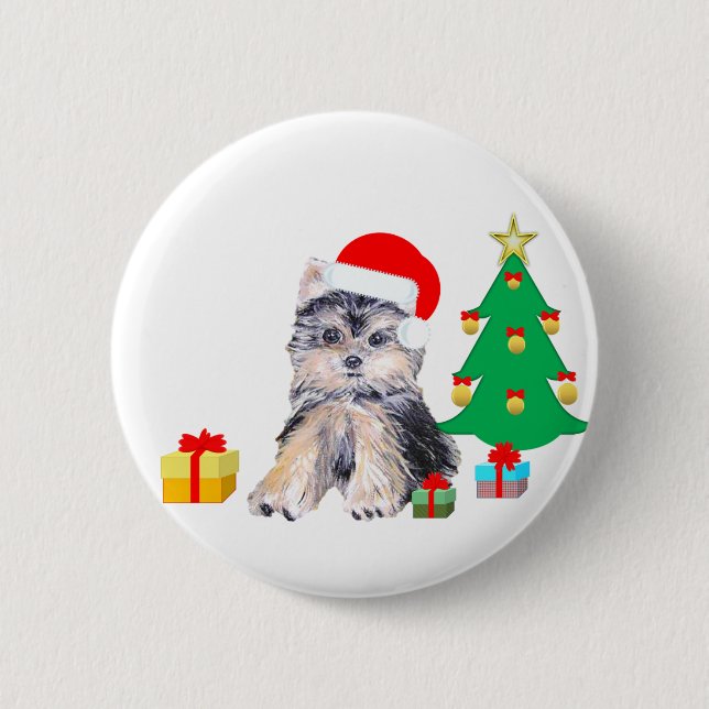 Weihnachtsbaum, Yorkshire-Welpe & Geschenke Button (Vorderseite)