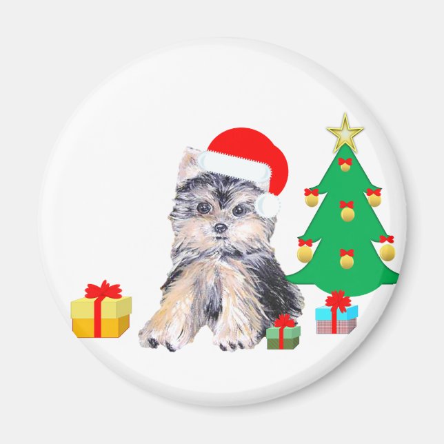 Weihnachtsbaum, Yorkshire Welpenhund & Geschenke Magnet (Vorne)