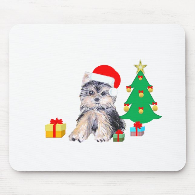 Weihnachtsbaum, Yorkshire Welpenhund & Geschenke Mousepad (Vorne)