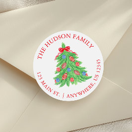 Weihnachtsbaumadresse für Wasserfarben Runder Aufkleber