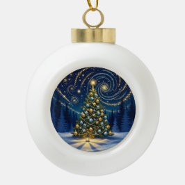 Weihnachtsbaumanhänger 2025 – Winterliche Nachtbau Keramik Kugel-Ornament