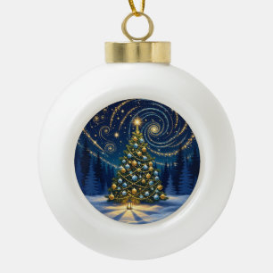 Weihnachtsbaumanhänger 2025 – Winterliche Nachtbau Keramik Kugel-Ornament