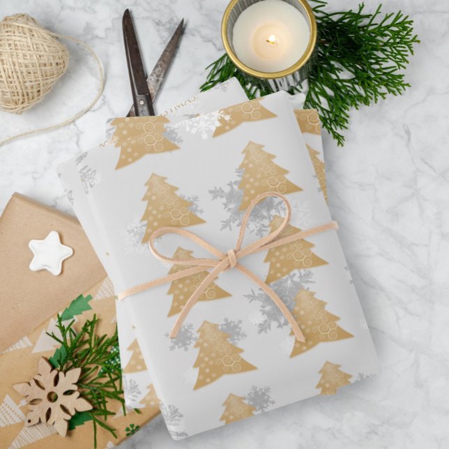 Weihnachtsbaumblättern für Gold Festivals Geschenkpapier Set (Gold Festive Christmas Tree Wrapping Paper Sheets)
