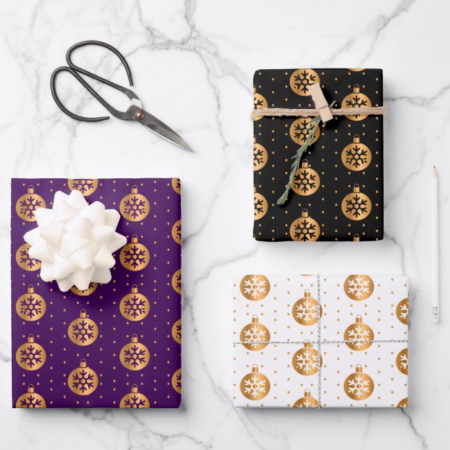 Weihnachtsbaumchen auf Lila, schwarz und weiß Geschenkpapier Set (Vorderseite)
