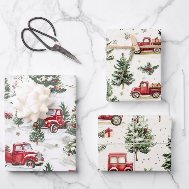 Weihnachtsbäume Alter rote LKW Geschenkpapier Set (Vorderseite)
