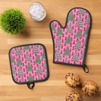 Weihnachtsbäume auf heiß rosa ofenhandschuh & Topflappen-Set