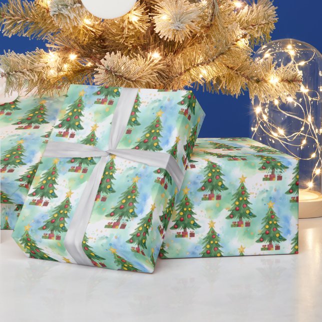 Weihnachtsbäume aus Alkohol-Tinte und Aquarell-Mus Geschenkpapier (Feiertage)