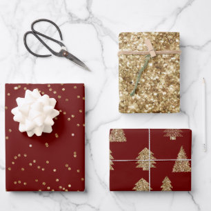 Weihnachtsbäume aus Gold Glitzer - Papierblätter Geschenkpapier Set