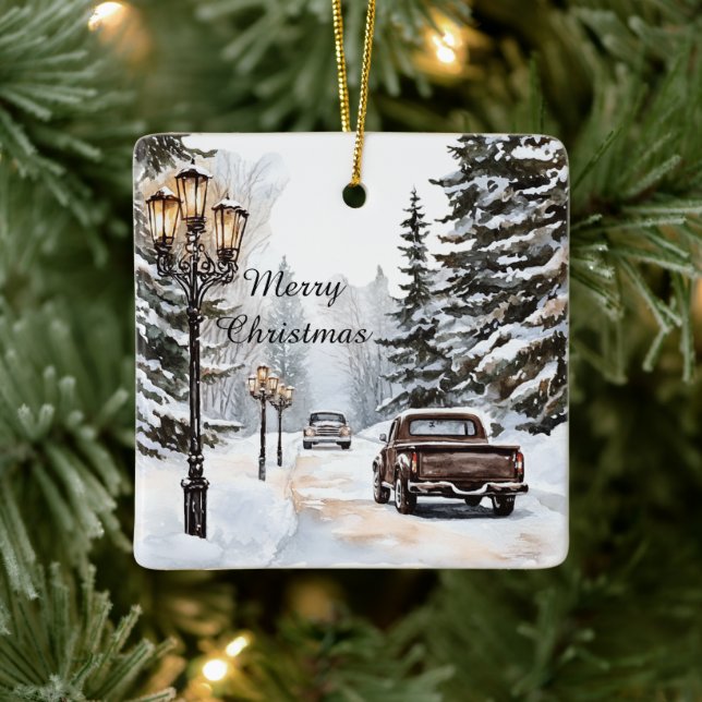 Weihnachtsbäume Autos Winterschnee Keramikornament (Baum)