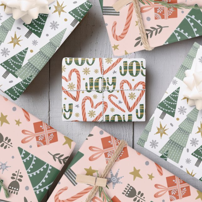 Weihnachtsbäume, Bonbons und Geschenke Geschenkpapier Set (Christmas trees, candy canes and presents wrapping paper sheets)