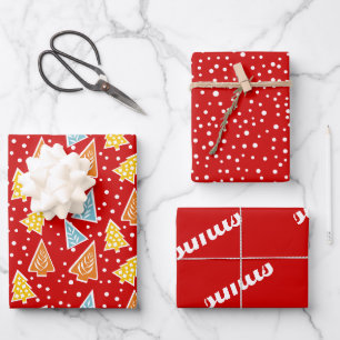 Weihnachtsbäume "Frohe Weihnachten" Schnee rot Geschenkpapier Set