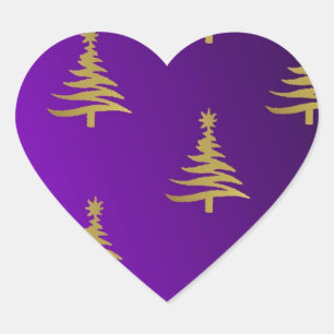 Weihnachtsbäume Gold auf Lila Herz-Aufkleber