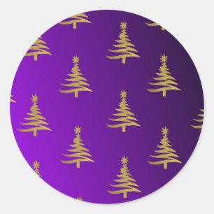 Weihnachtsbäume Gold auf Lila Runder Aufkleber