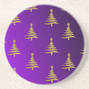 Weihnachtsbäume Gold auf Lila Sandstein Untersetzer